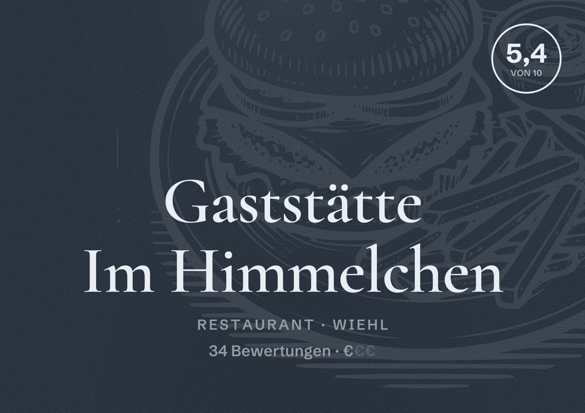 Illustriertes Poster von Gaststätte Im Himmelchen, Restaurant in Wiehl: Bewertung 5,4 von 10 aus 34 Bewertungen, Preisniveau €
