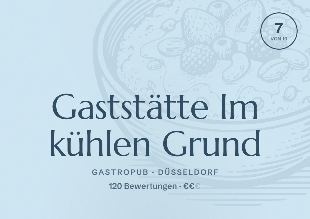 Illustriertes Poster von Gaststätte Im kühlen Grund, Gastropub in Düsseldorf: Bewertung 7,0 von 10 aus 120 Bewertungen, Preisniveau €€