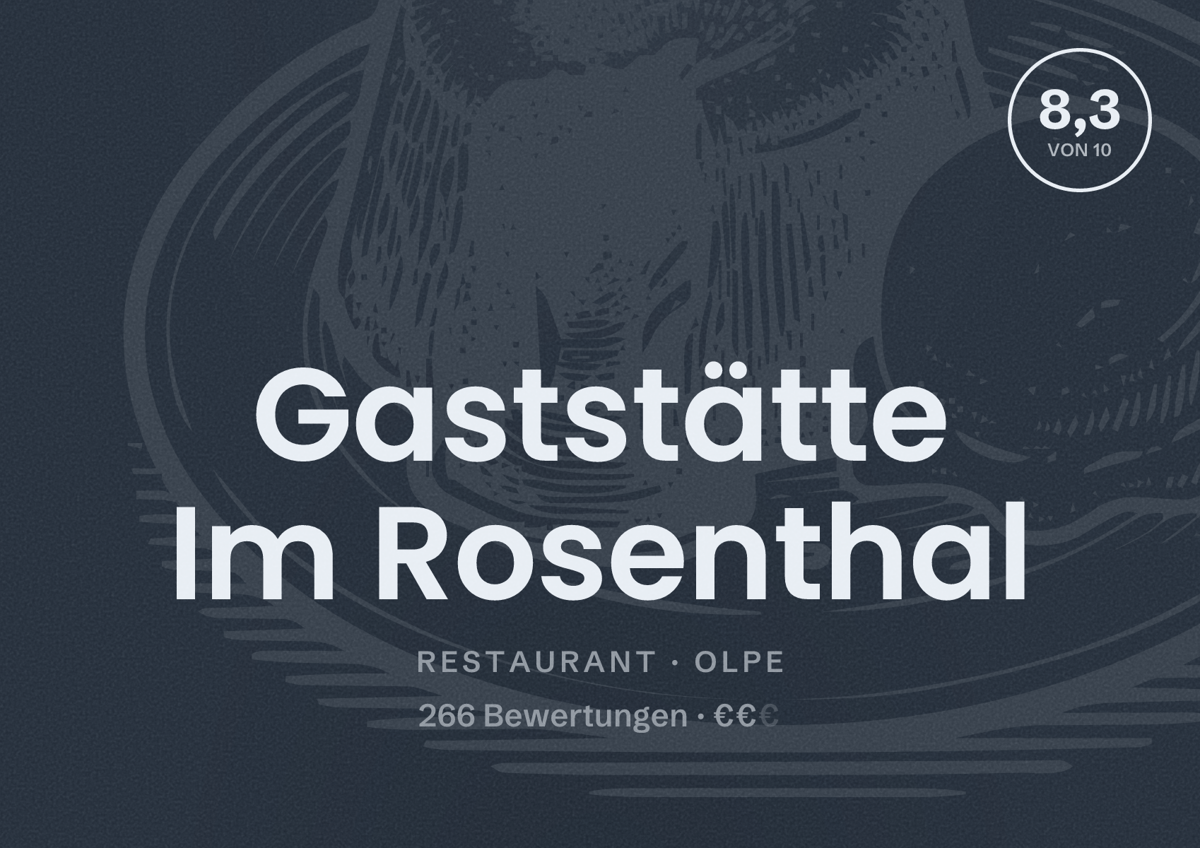 Illustriertes Poster von Gaststätte Im Rosenthal, Restaurant in Olpe: Bewertung 8,3 von 10 aus 266 Bewertungen, Preisniveau €€