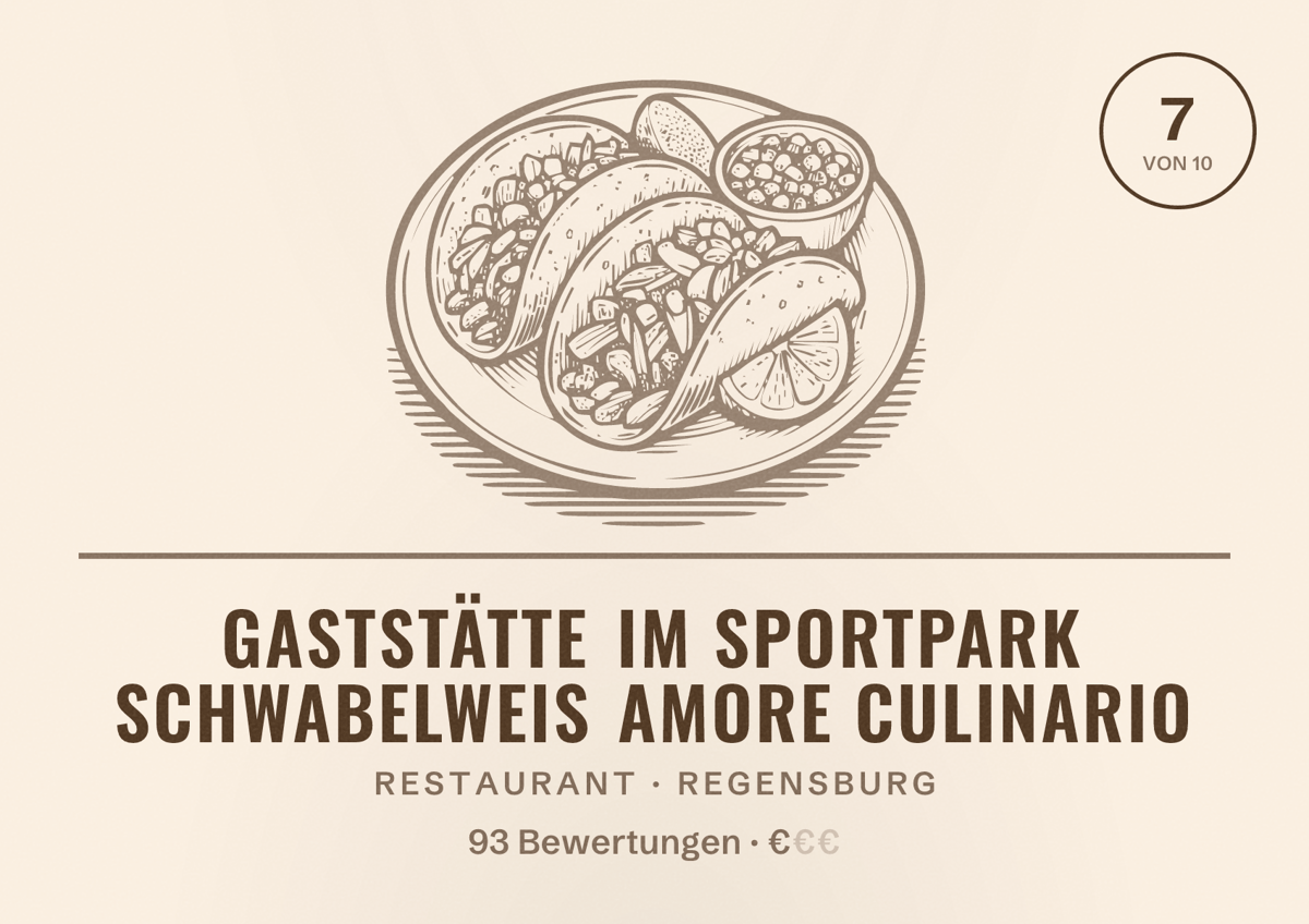 Illustriertes Poster von Gaststätte im Sportpark Schwabelweis Amore Culinario, Restaurant in Regensburg: Bewertung 7 von 10 aus 93 Bewertungen, Preisniveau €