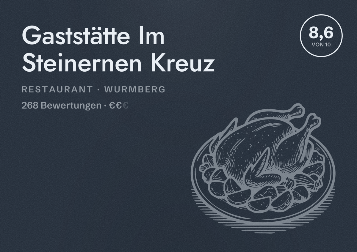 Illustriertes Poster von Gaststätte Im Steinernen Kreuz, Restaurant in Wurmberg: Bewertung 8,6 von 10 aus 268 Bewertungen, Preisniveau €€