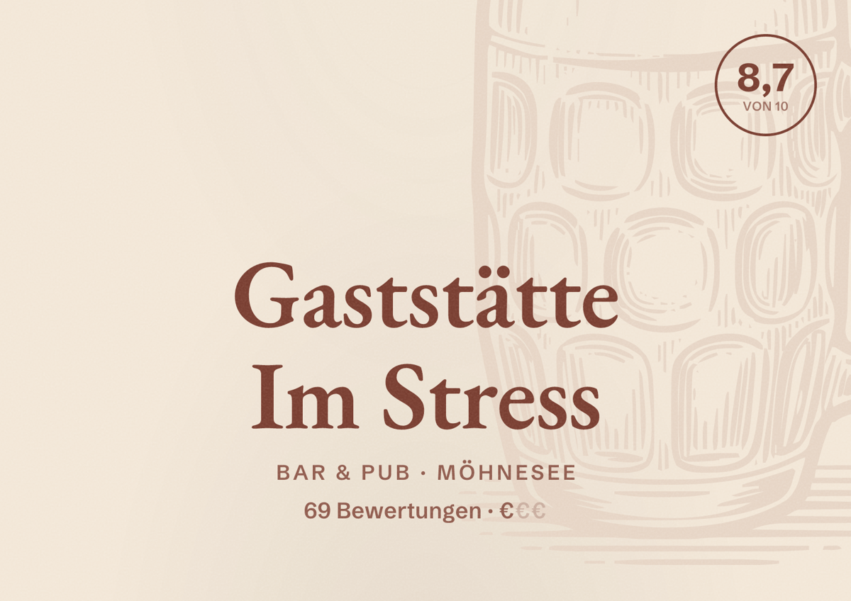 Illustriertes Poster von Gaststätte Im Stress, Bar & Pub in Möhnesee: Bewertung 8,7 von 10 aus 69 Bewertungen, Preisniveau €