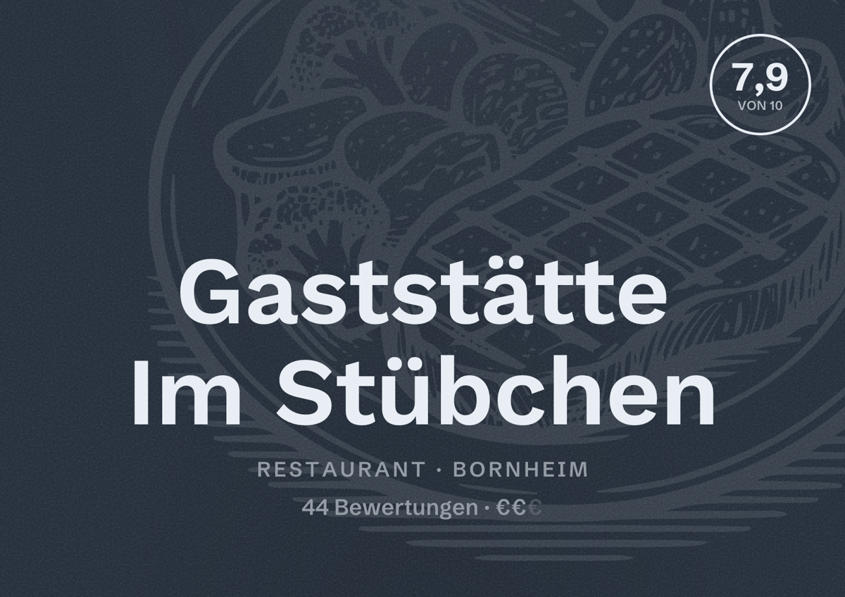 Illustriertes Poster von Gaststätte Im Stübchen, Restaurant in Bornheim: Bewertung 7,9 von 10 aus 44 Bewertungen, Preisniveau €€