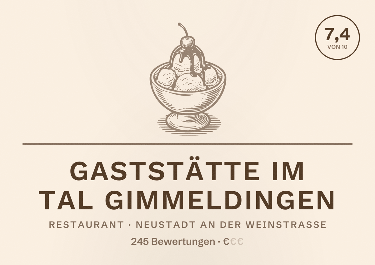 Illustriertes Poster von Gaststätte Im Tal Gimmeldingen, Restaurant in Neustadt an der Weinstraße: Bewertung 7,4 von 10 aus 245 Bewertungen, Preisniveau €