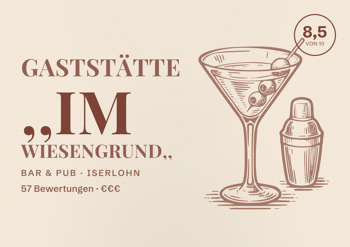 Illustriertes Poster von Gaststätte ,,Im Wiesengrund,,, Bar & Pub in Iserlohn: Bewertung 8,5 von 10 aus 57 Bewertungen, Preisniveau €€€