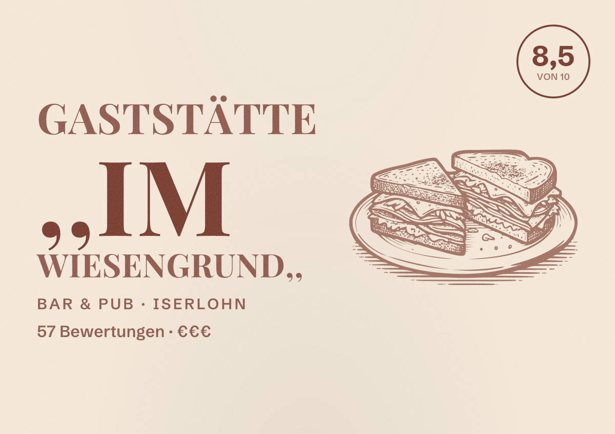 Illustriertes Poster von Gaststätte ,,Im Wiesengrund,,, Bar & Pub in Iserlohn: Bewertung 8,5 von 10 aus 57 Bewertungen, Preisniveau €€€