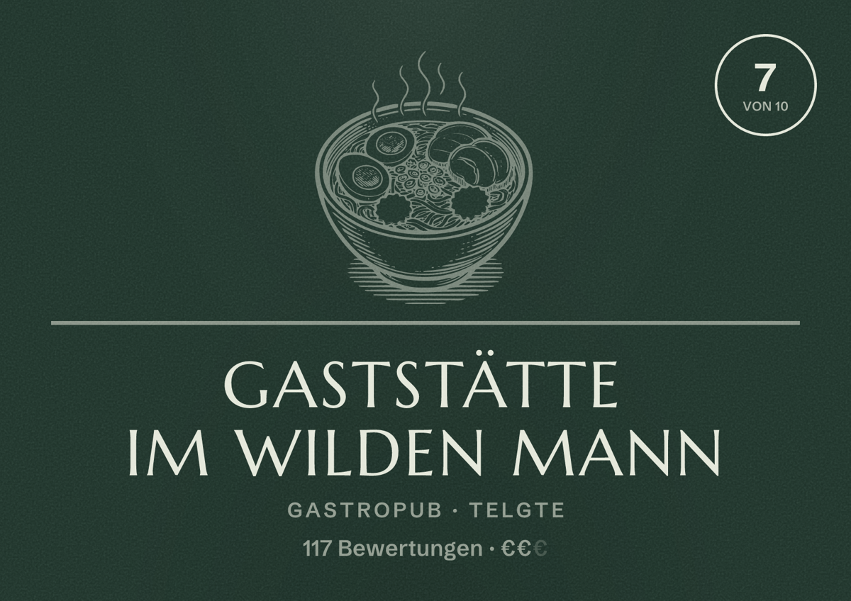 Illustriertes Poster von Gaststätte Im Wilden Mann, Gastropub in Telgte: Bewertung 7 von 10 aus 117 Bewertungen, Preisniveau €€