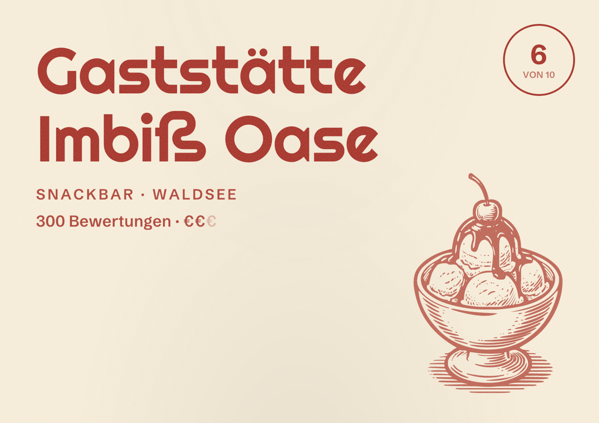 Illustriertes Poster von Gaststätte Imbiß Oase, Snackbar in Waldsee: Bewertung 6 von 10 aus 300 Bewertungen, Preisniveau €€