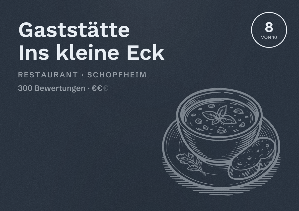 Illustriertes Poster von Gaststätte Ins kleine Eck, Restaurant in Schopfheim: Bewertung 8 von 10 aus 300 Bewertungen, Preisniveau €€