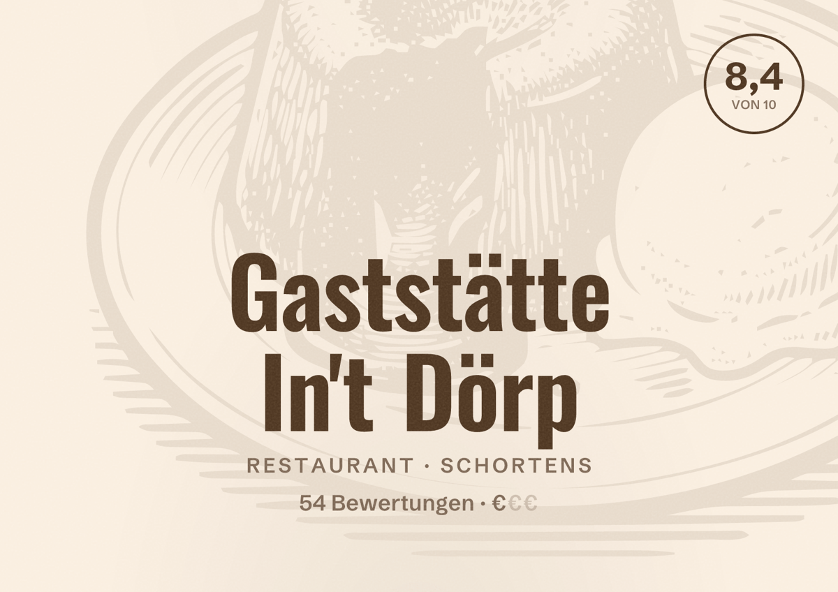 Illustriertes Poster von Gaststätte In't Dörp, Restaurant in Schortens: Bewertung 8,4 von 10 aus 54 Bewertungen, Preisniveau €