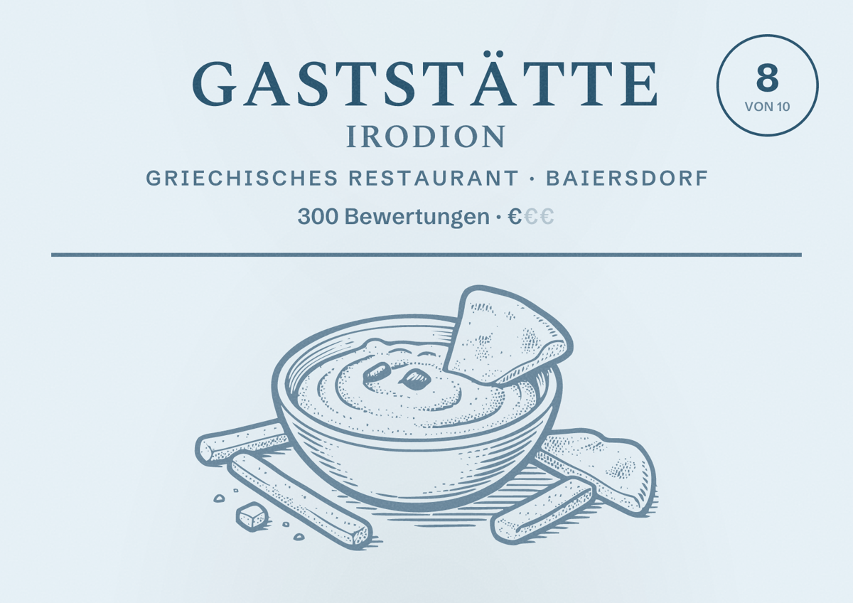 Illustriertes Poster von Gaststätte Irodion, Griechisches Restaurant in Baiersdorf: Bewertung 8 von 10 aus 300 Bewertungen, Preisniveau €