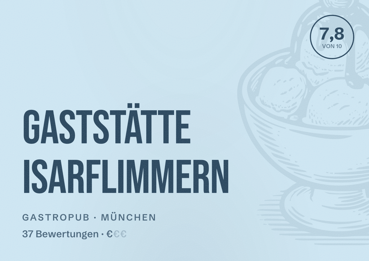 Illustriertes Poster von Gaststätte Isarflimmern, Gastropub in München: Bewertung 7,8 von 10 aus 37 Bewertungen, Preisniveau €