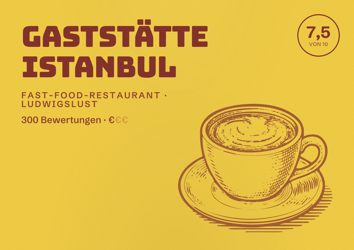 Illustriertes Poster von Gaststätte Istanbul, Fast-Food-Restaurant in Ludwigslust: Bewertung 7,5 von 10 aus 300 Bewertungen, Preisniveau €