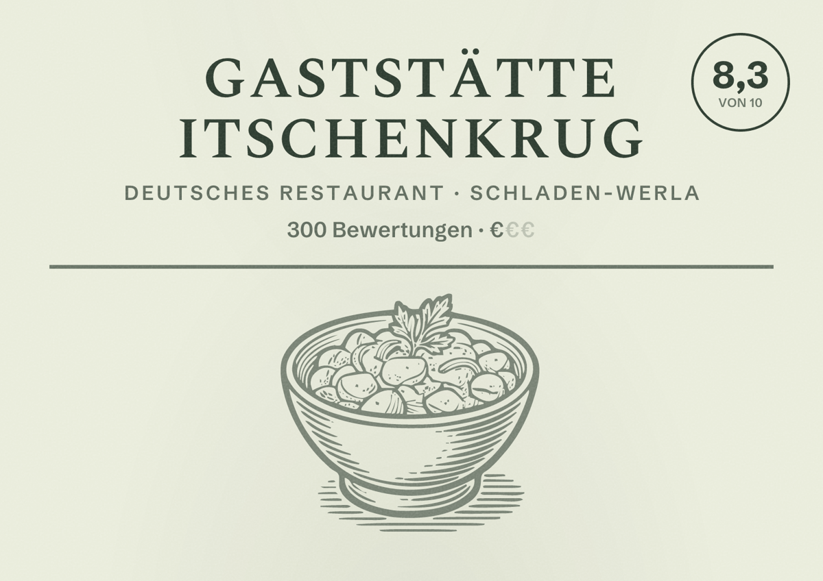 Illustriertes Poster von Gaststätte Itschenkrug, Deutsches Restaurant in Schladen-Werla: Bewertung 8,3 von 10 aus 300 Bewertungen, Preisniveau €