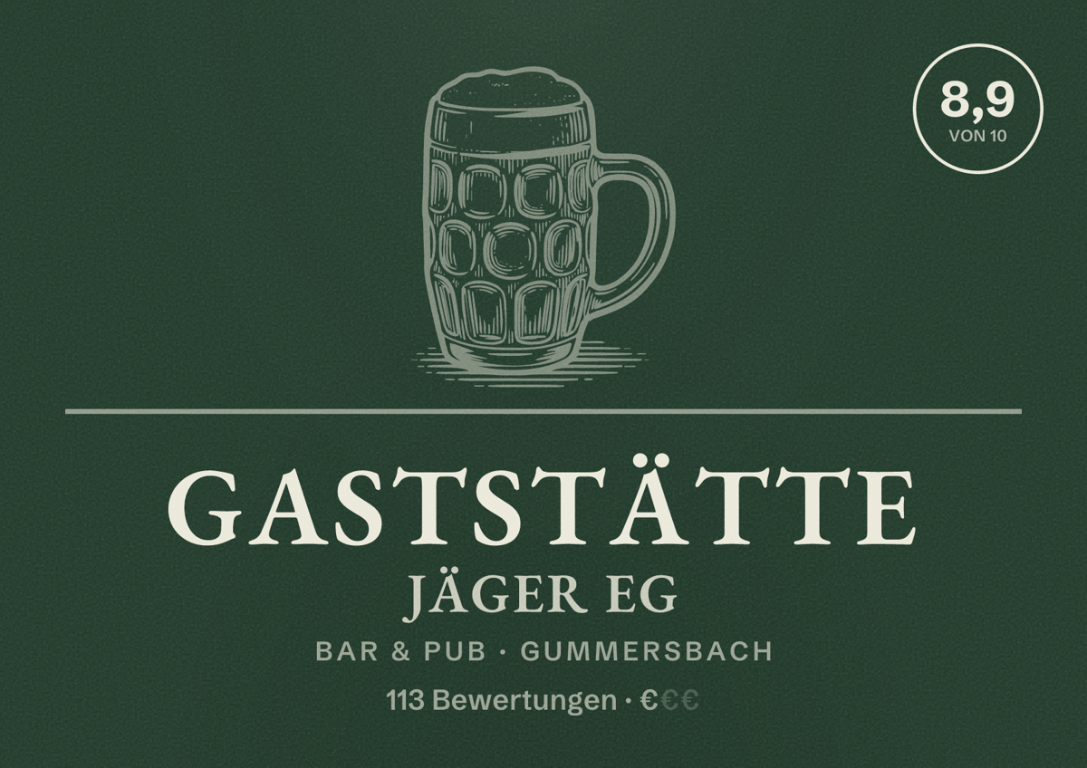 Illustriertes Poster von Gaststätte Jäger eG, Bar & Pub in Gummersbach: Bewertung 8,9 von 10 aus 113 Bewertungen, Preisniveau €