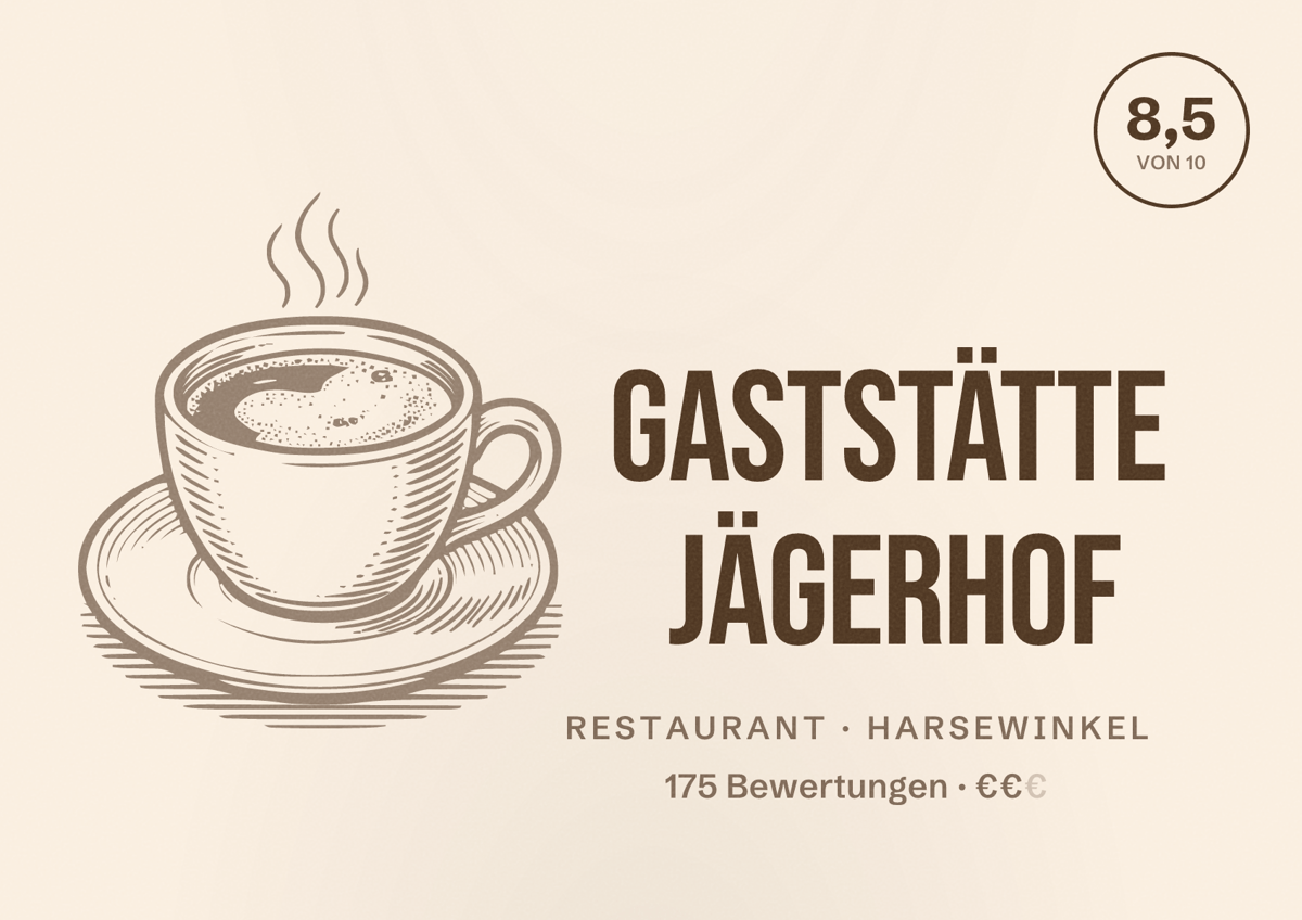 Illustriertes Poster von Gaststätte Jägerhof, Restaurant in Harsewinkel: Bewertung 8,5 von 10 aus 175 Bewertungen, Preisniveau €€