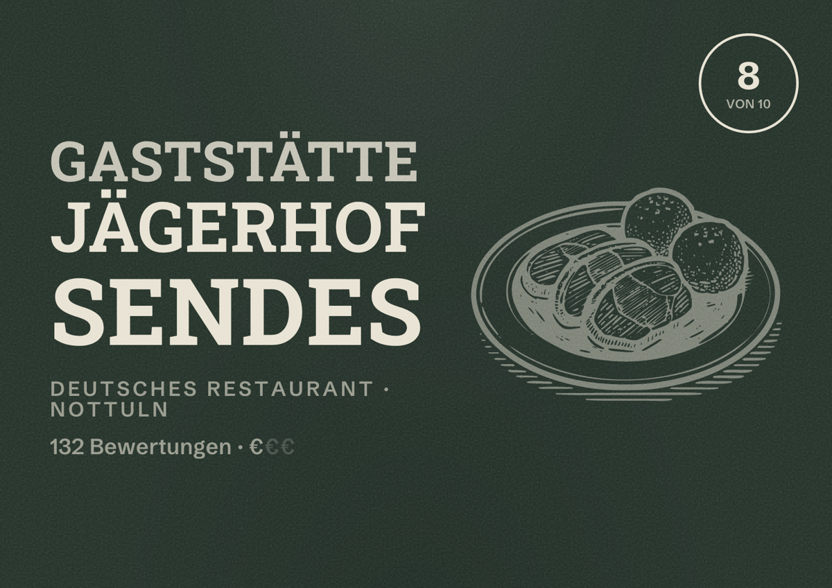 Illustriertes Poster von Gaststätte Jägerhof Sendes, Deutsches Restaurant in Nottuln: Bewertung 8 von 10 aus 132 Bewertungen, Preisniveau €