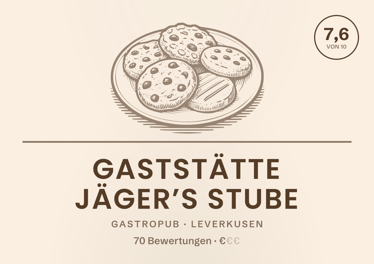 Illustriertes Poster von Gaststätte Jäger’s Stube, Gastropub in Leverkusen: Bewertung 7,6 von 10 aus 70 Bewertungen, Preisniveau €
