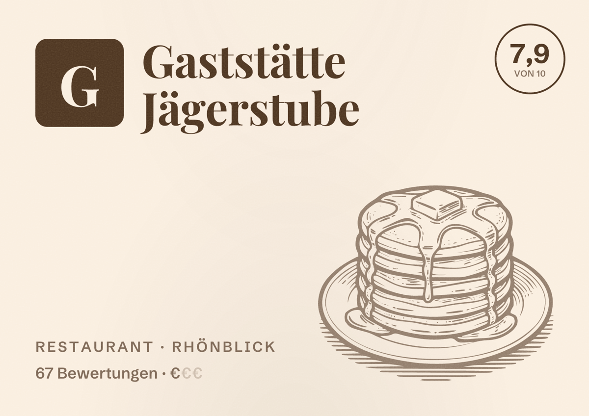 Illustriertes Poster von Gaststätte Jägerstube, Restaurant in Rhönblick: Bewertung 7,9 von 10 aus 67 Bewertungen, Preisniveau €