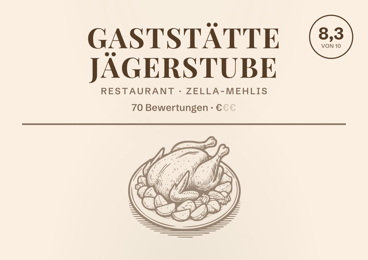 Illustriertes Poster von Gaststätte Jägerstube, Restaurant in Zella-Mehlis: Bewertung 8,3 von 10 aus 70 Bewertungen, Preisniveau €