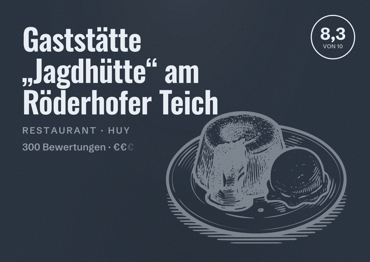 Illustriertes Poster von Gaststätte „Jagdhütte“ am Röderhofer Teich, Restaurant in Huy: Bewertung 8,3 von 10 aus 300 Bewertungen, Preisniveau €€