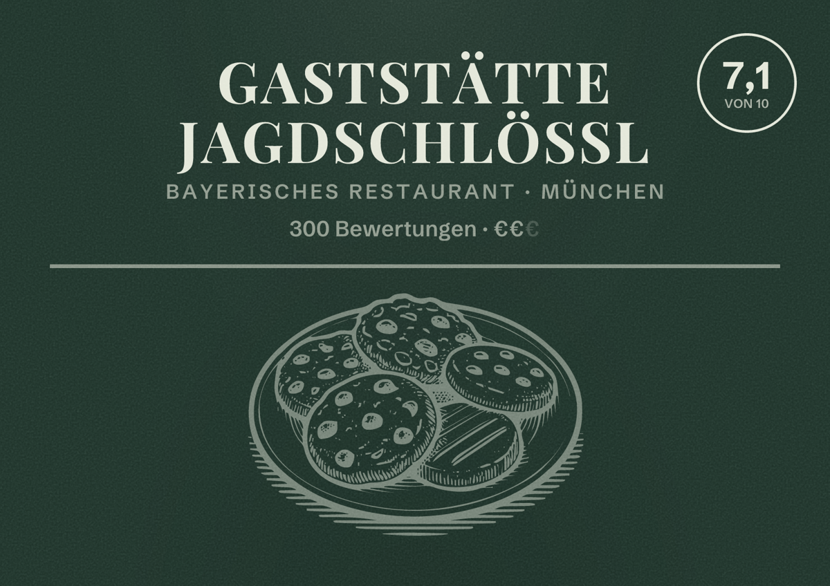 Illustriertes Poster von Gaststätte Jagdschlössl, Bayerisches Restaurant in München: Bewertung 7,1 von 10 aus 300 Bewertungen, Preisniveau €€