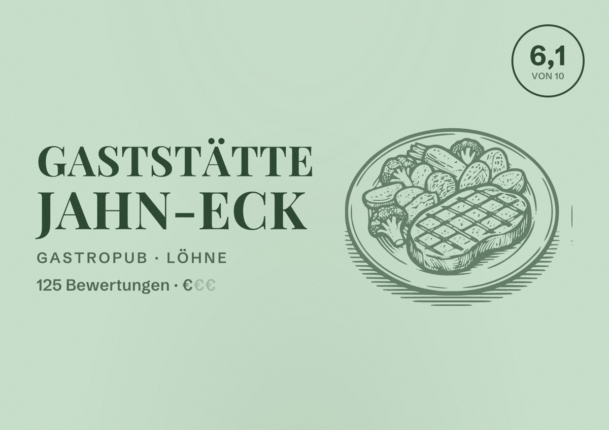 Illustriertes Poster von Gaststätte Jahn-Eck, Gastropub in Löhne: Bewertung 6,1 von 10 aus 125 Bewertungen, Preisniveau €