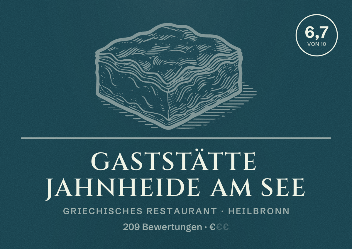 Illustriertes Poster von Gaststätte Jahnheide am See, Griechisches Restaurant in Heilbronn: Bewertung 6,7 von 10 aus 209 Bewertungen, Preisniveau €