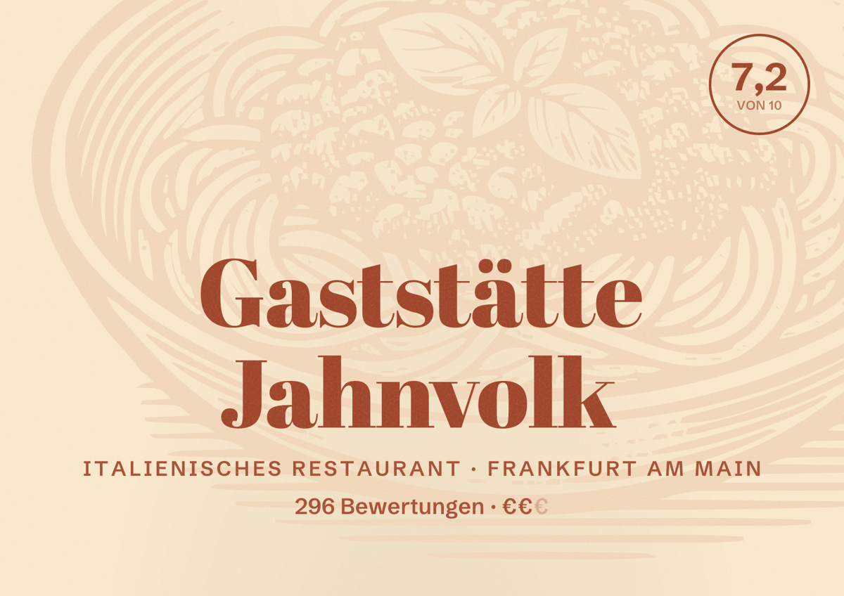 Illustriertes Poster von Gaststätte Jahnvolk, Italienisches Restaurant in Frankfurt am Main: Bewertung 7,2 von 10 aus 296 Bewertungen, Preisniveau €€