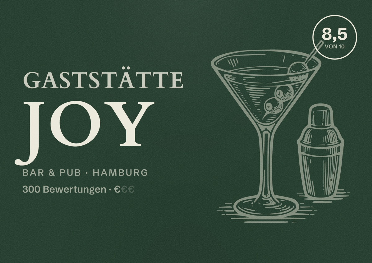 Illustriertes Poster von Gaststätte Joy, Bar & Pub in Hamburg: Bewertung 8,5 von 10 aus 300 Bewertungen, Preisniveau €