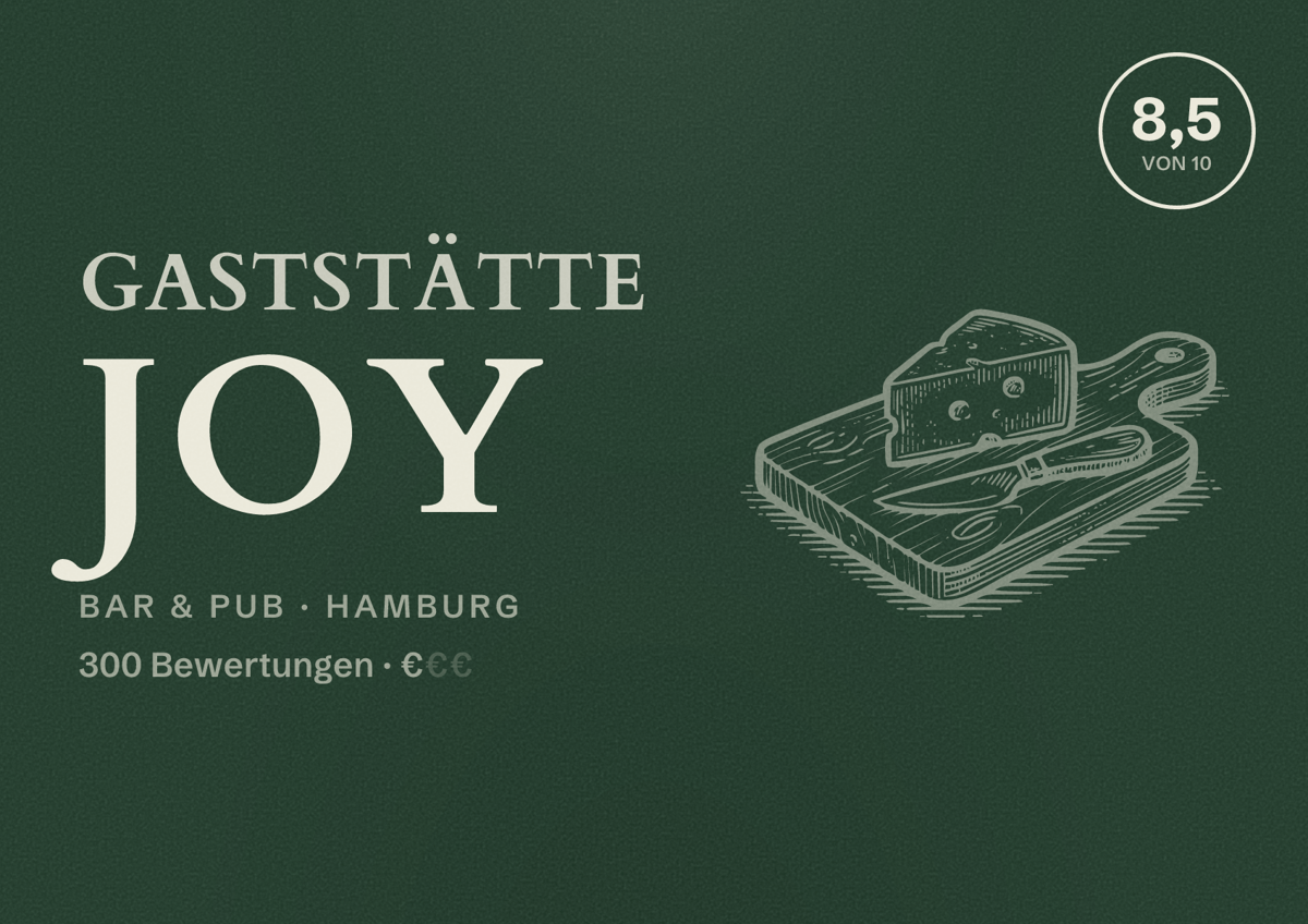 Illustriertes Poster von Gaststätte Joy, Bar & Pub in Hamburg: Bewertung 8,5 von 10 aus 300 Bewertungen, Preisniveau €