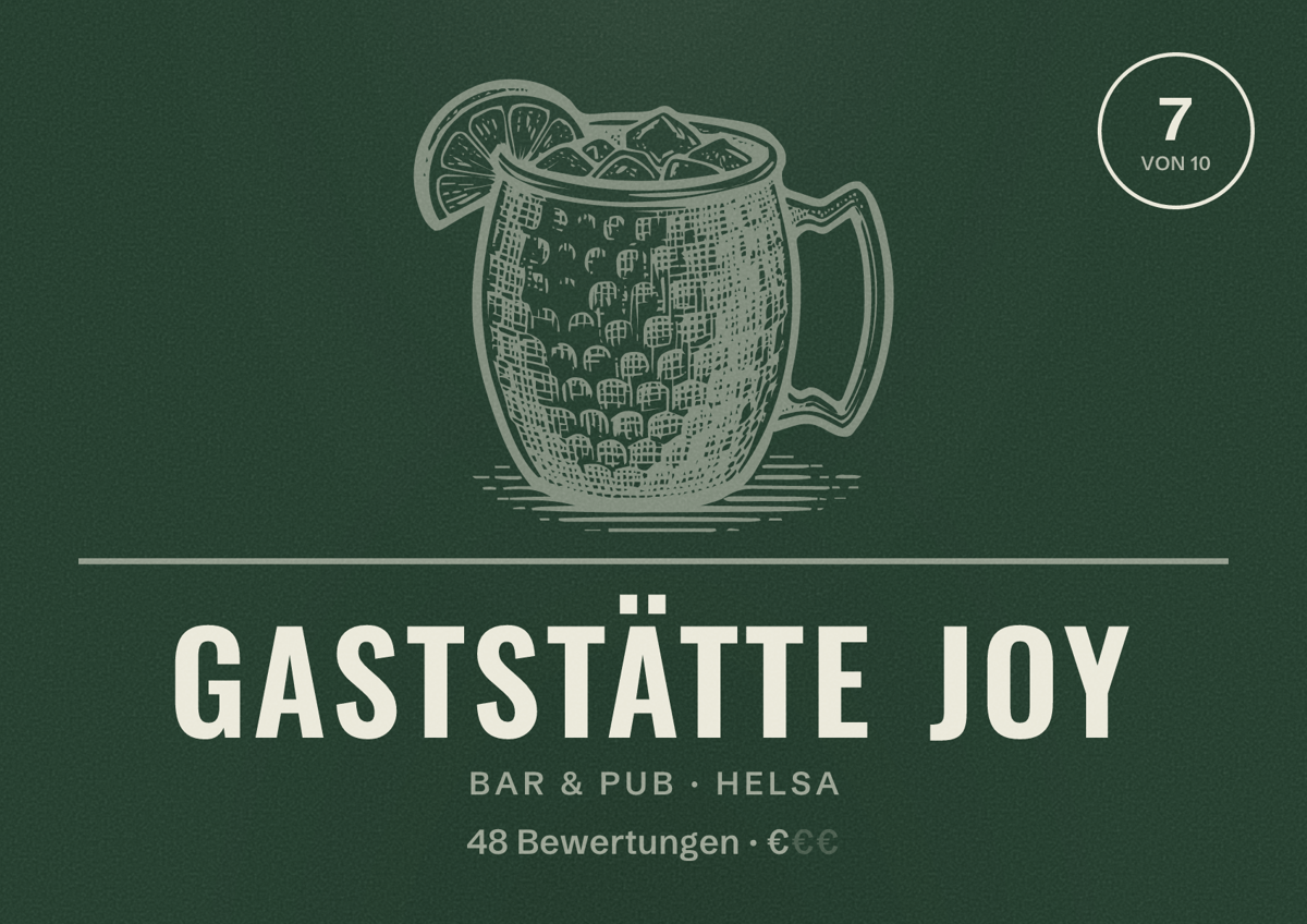Illustriertes Poster von Gaststätte Joy, Bar & Pub in Helsa: Bewertung 7 von 10 aus 48 Bewertungen, Preisniveau €