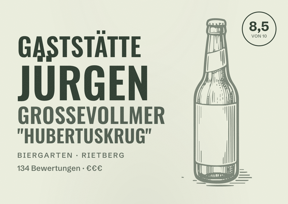 Illustriertes Poster von Gaststätte Jürgen Großevollmer "Hubertuskrug", Biergarten in Rietberg: Bewertung 8,5 von 10 aus 134 Bewertungen, Preisniveau €€€
