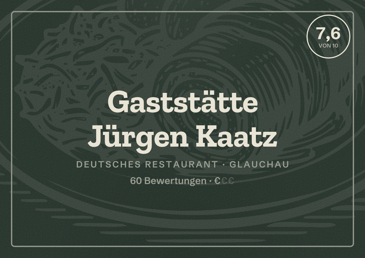 Illustriertes Poster von Gaststätte Jürgen Kaatz, Deutsches Restaurant in Glauchau: Bewertung 7,6 von 10 aus 60 Bewertungen, Preisniveau €