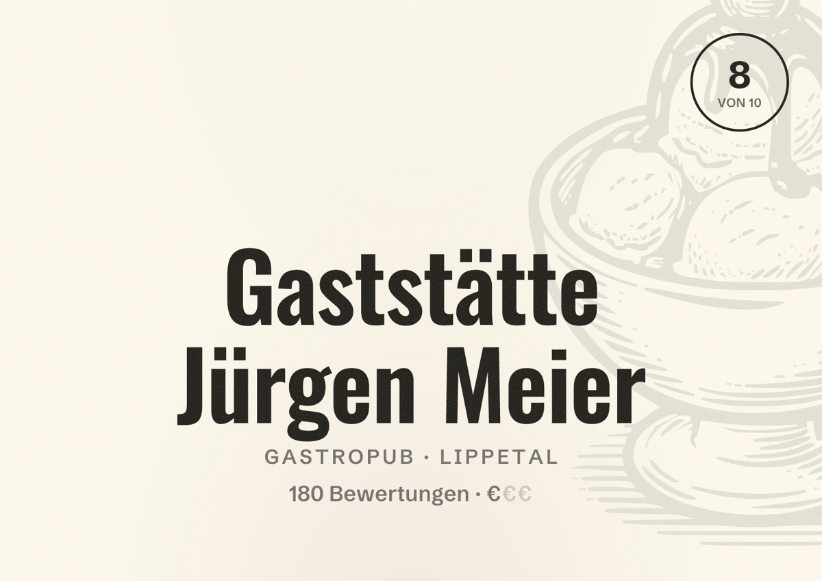 Illustriertes Poster von Gaststätte Jürgen Meier, Gastropub in Lippetal: Bewertung 8 von 10 aus 180 Bewertungen, Preisniveau €