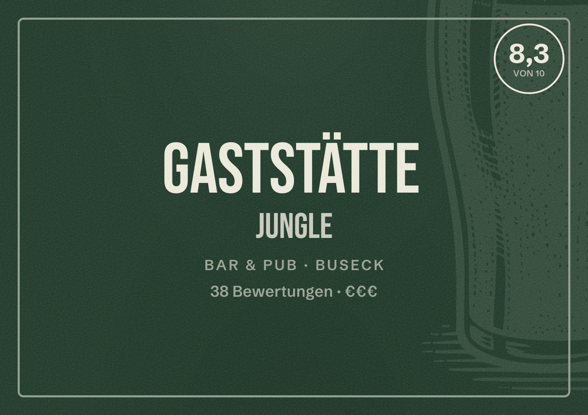 Illustriertes Poster von Gaststätte Jungle, Bar & Pub in Buseck: Bewertung 8,3 von 10 aus 38 Bewertungen, Preisniveau €€€