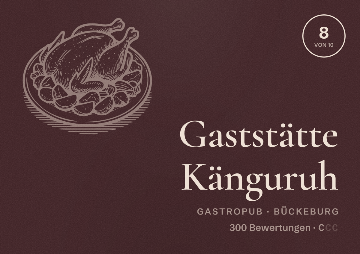 Illustriertes Poster von Gaststätte Känguruh, Gastropub in Bückeburg: Bewertung 8 von 10 aus 300 Bewertungen, Preisniveau €