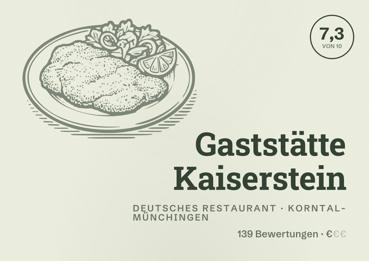 Illustriertes Poster von Gaststätte Kaiserstein, Deutsches Restaurant in Korntal-Münchingen: Bewertung 7,3 von 10 aus 139 Bewertungen, Preisniveau €