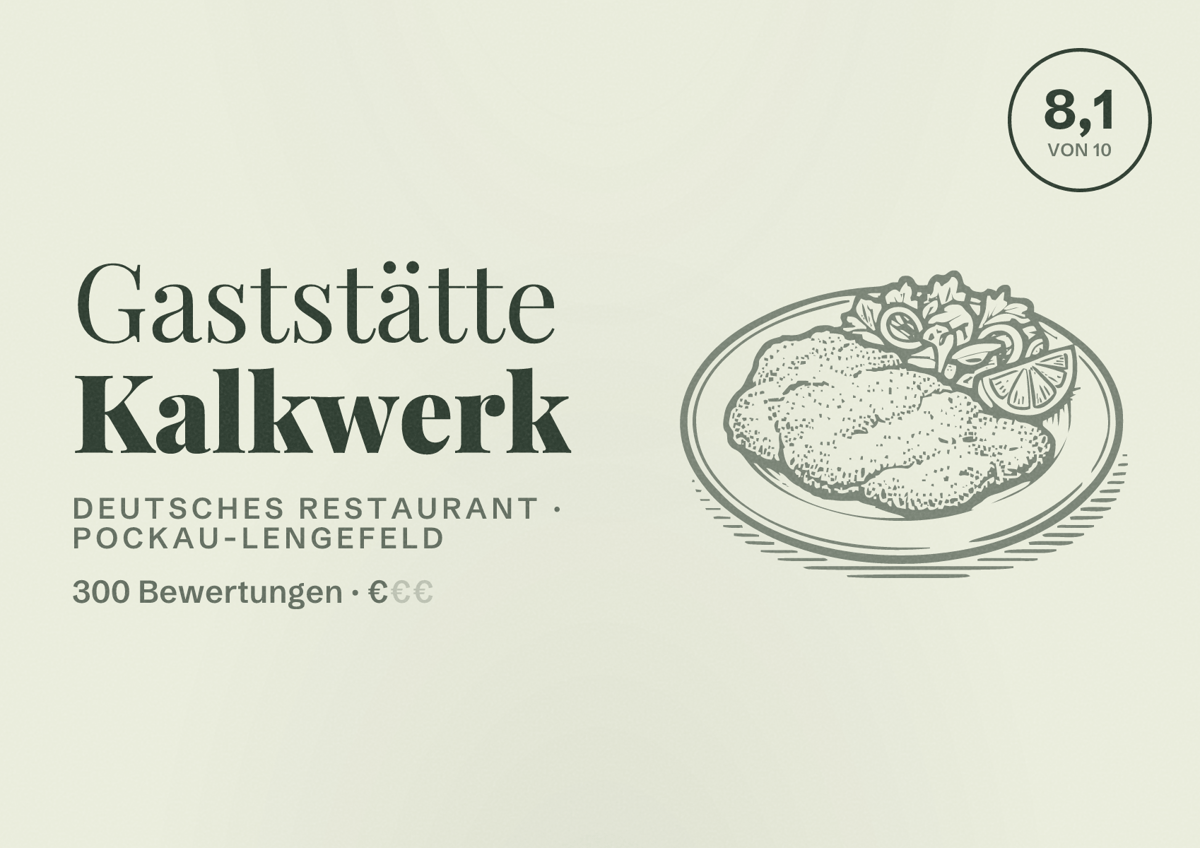 Illustriertes Poster von Gaststätte Kalkwerk, Deutsches Restaurant in Pockau-Lengefeld: Bewertung 8,1 von 10 aus 300 Bewertungen, Preisniveau €