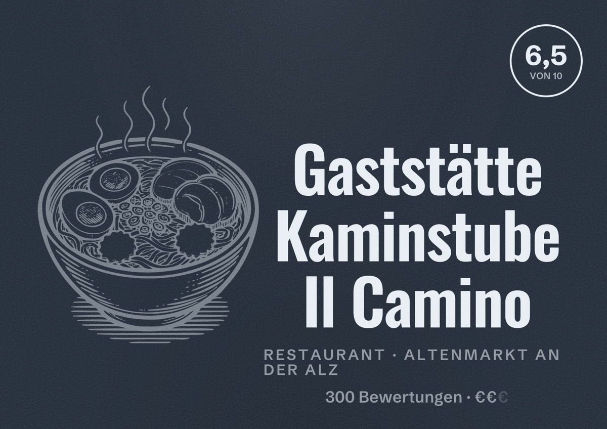 Illustriertes Poster von Gaststätte Kaminstube Il Camino, Restaurant in Altenmarkt an der Alz: Bewertung 6,5 von 10 aus 300 Bewertungen, Preisniveau €€