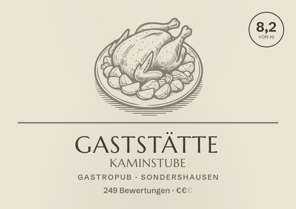 Illustriertes Poster von Gaststätte Kaminstube, Gastropub in Sondershausen: Bewertung 8,2 von 10 aus 249 Bewertungen, Preisniveau €€