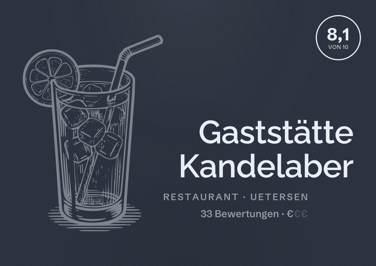 Illustriertes Poster von Gaststätte Kandelaber, Restaurant in Uetersen: Bewertung 8,1 von 10 aus 33 Bewertungen, Preisniveau €