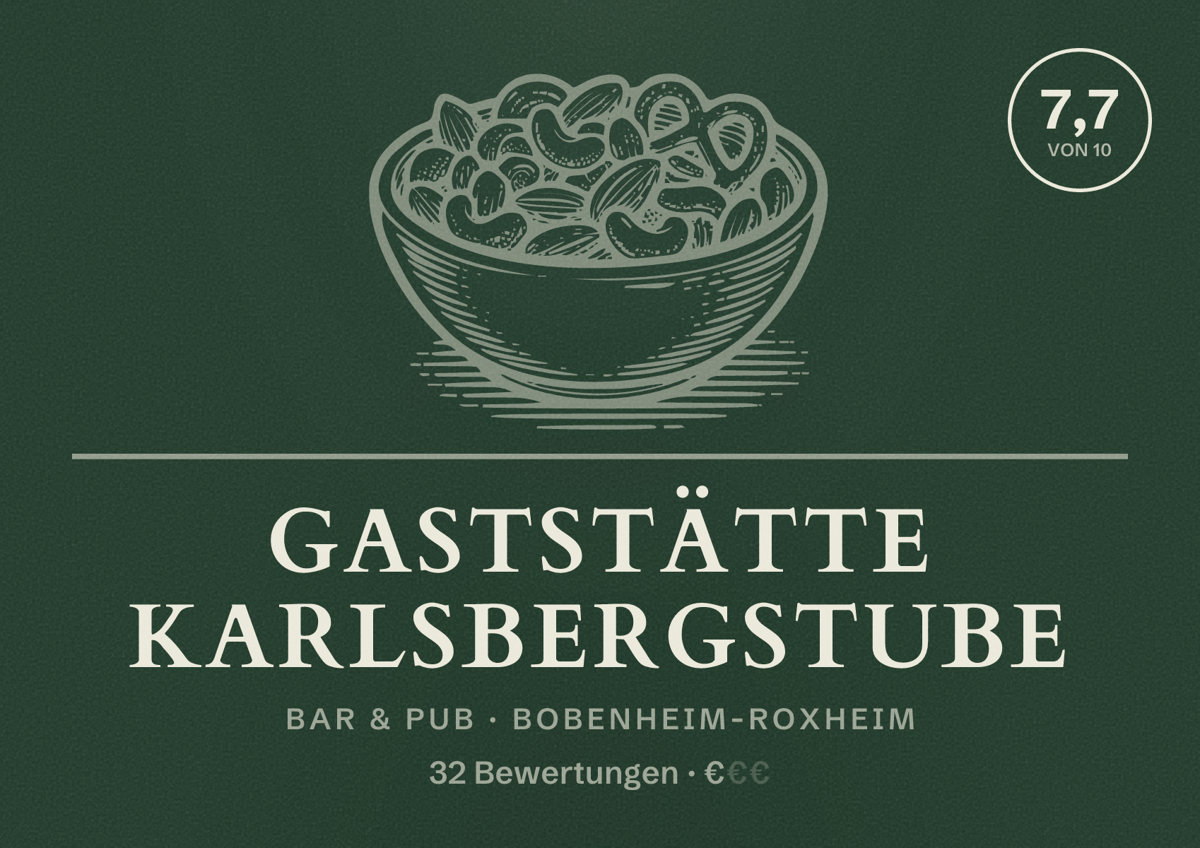 Illustriertes Poster von Gaststätte Karlsbergstube, Bar & Pub in Bobenheim-Roxheim: Bewertung 7,7 von 10 aus 32 Bewertungen, Preisniveau €