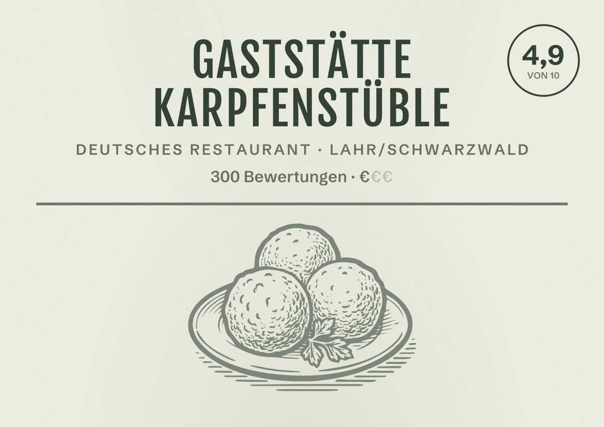 Illustriertes Poster von Gaststätte Karpfenstüble, Deutsches Restaurant in Lahr/Schwarzwald: Bewertung 4,9 von 10 aus 300 Bewertungen, Preisniveau €
