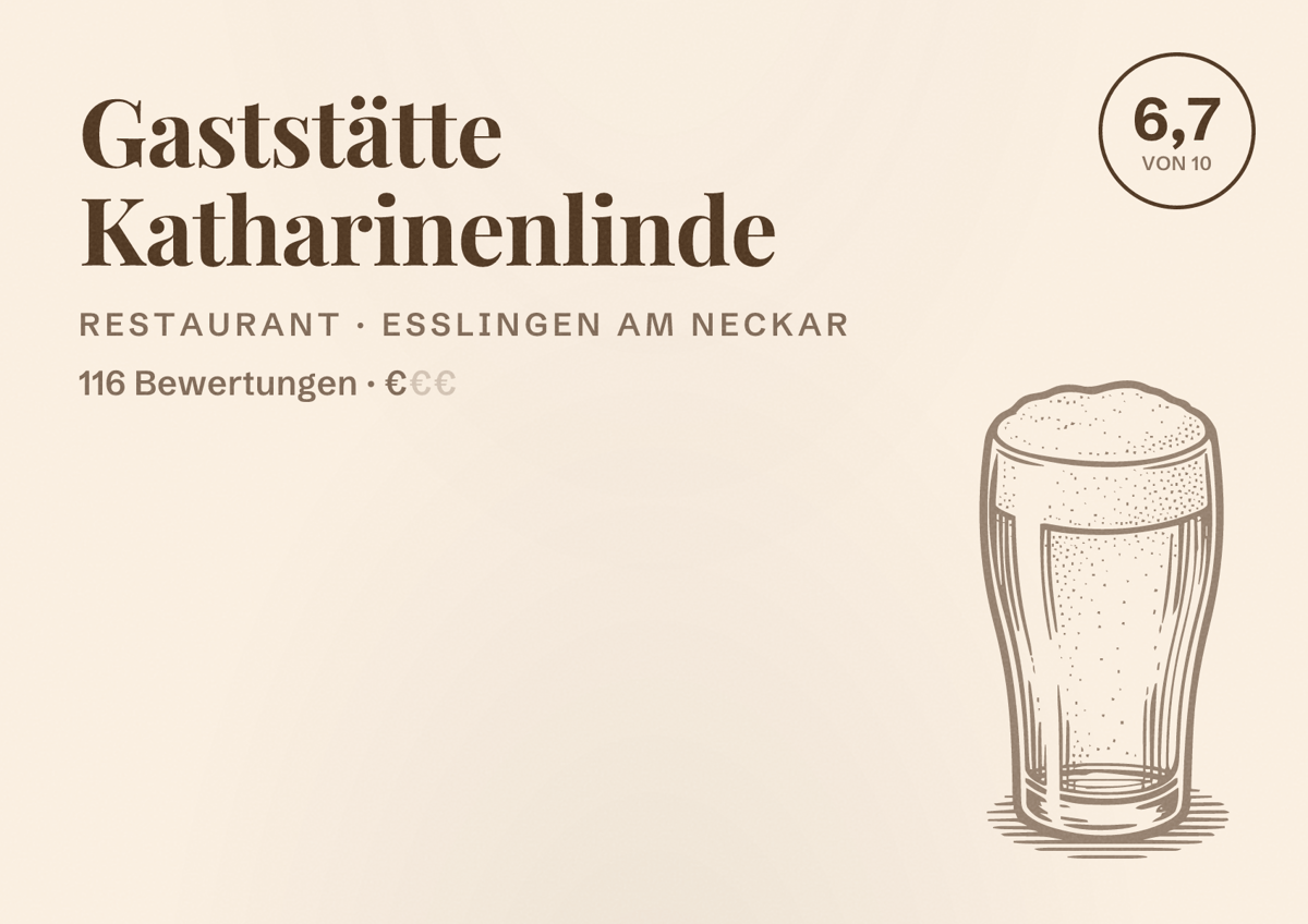 Illustriertes Poster von Gaststätte Katharinenlinde, Restaurant in Esslingen am Neckar: Bewertung 6,7 von 10 aus 116 Bewertungen, Preisniveau €