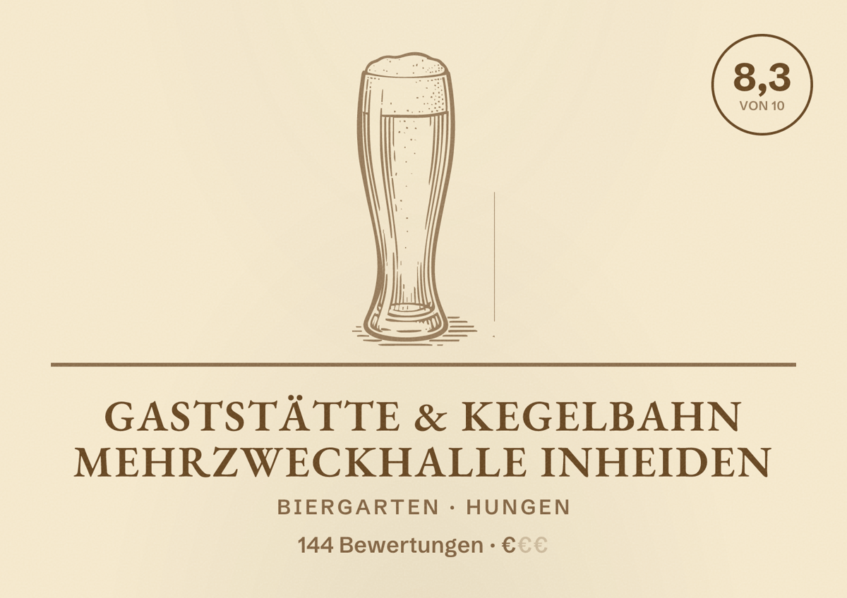 Illustriertes Poster von Gaststätte & Kegelbahn Mehrzweckhalle Inheiden, Biergarten in Hungen: Bewertung 8,3 von 10 aus 144 Bewertungen, Preisniveau €