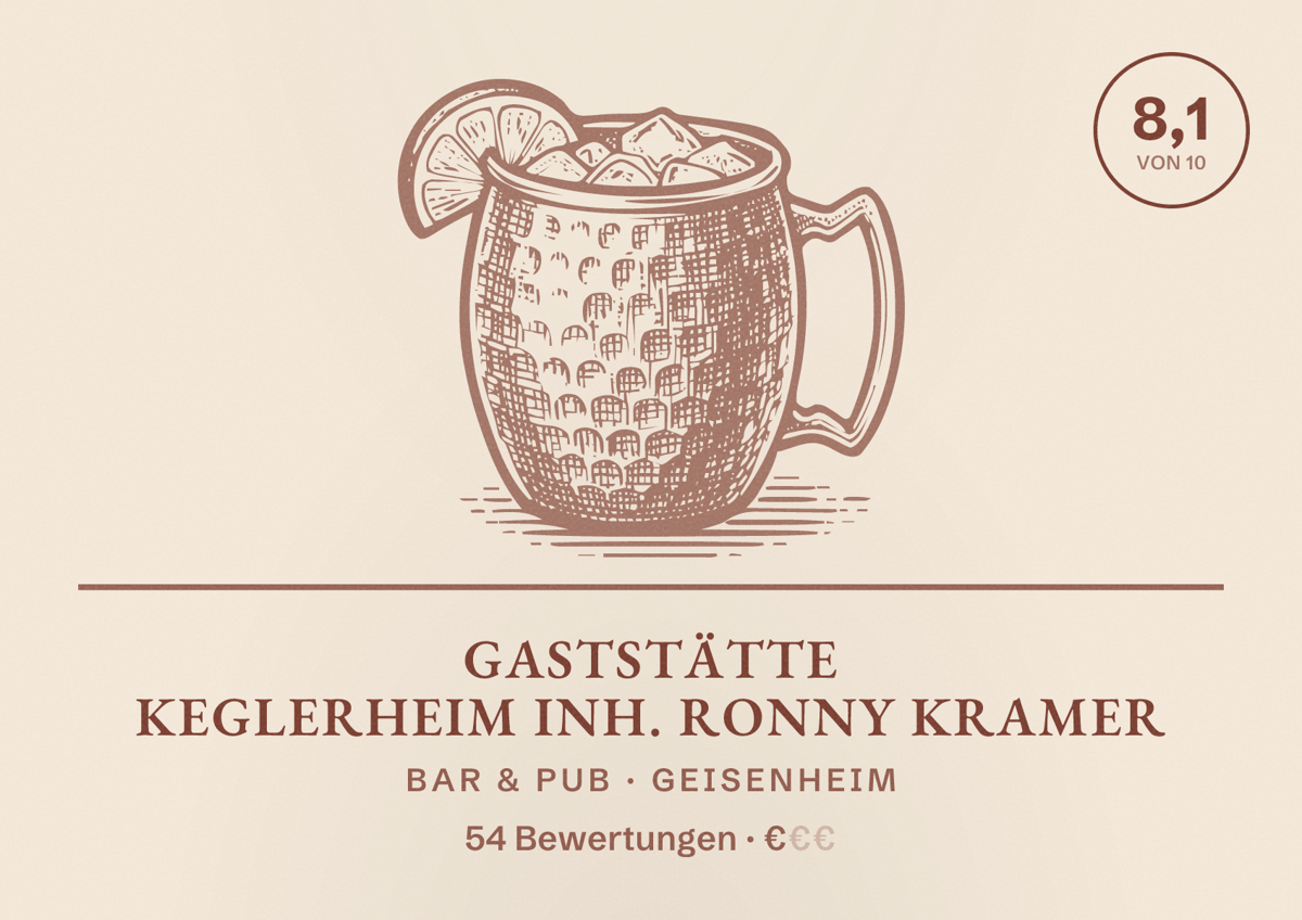 Illustriertes Poster von Gaststätte Keglerheim Inh. Ronny Kramer, Bar & Pub in Geisenheim: Bewertung 8,1 von 10 aus 54 Bewertungen, Preisniveau €