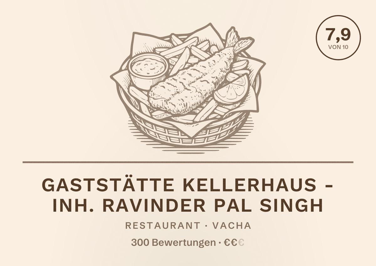 Illustriertes Poster von Gaststätte Kellerhaus - Inh. Ravinder Pal Singh, Restaurant in Vacha: Bewertung 7,9 von 10 aus 300 Bewertungen, Preisniveau €€