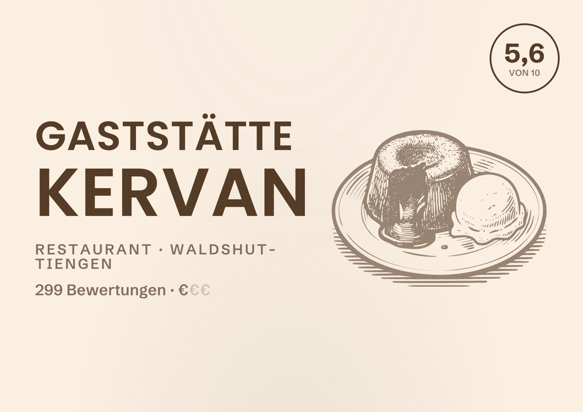 Illustriertes Poster von Gaststätte Kervan, Restaurant in Waldshut-Tiengen: Bewertung 5,6 von 10 aus 299 Bewertungen, Preisniveau €