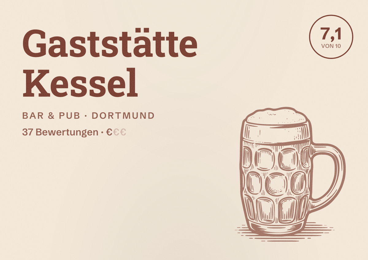 Illustriertes Poster von Gaststätte Kessel, Bar & Pub in Dortmund: Bewertung 7,1 von 10 aus 37 Bewertungen, Preisniveau €